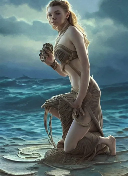 Image similar to Natalie Dormer as Margaery Tyrell as a ruggedly handsome heroine kneeling next to a glowing artifact lodged in shallow water, intricate, elegant, highly detailed, artstation, concept art, smooth, sharp focus, illustration, art by artgerm and donato giancola and Joseph Christian Leyendecker, WLOP, fireflies