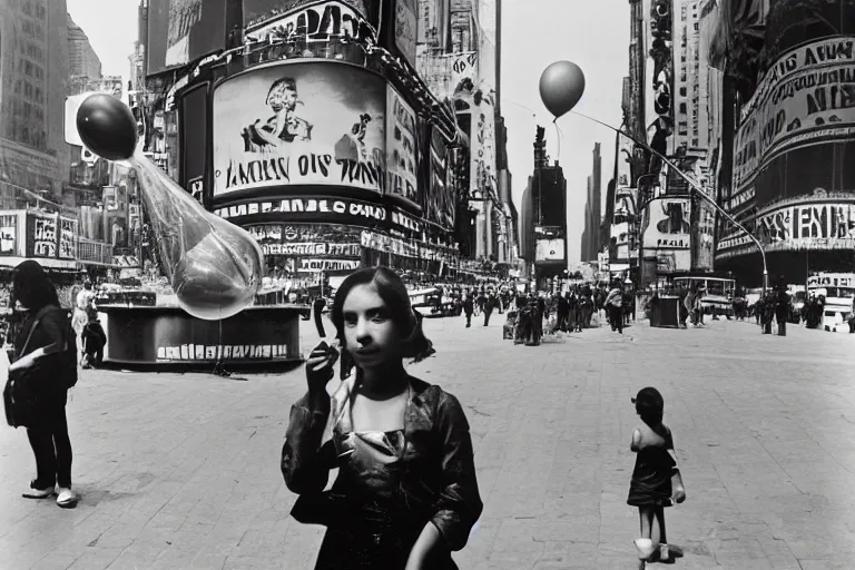 Prompt: photograph of a girl with balloon, Times Square, by Ansel Adams ((black and white))