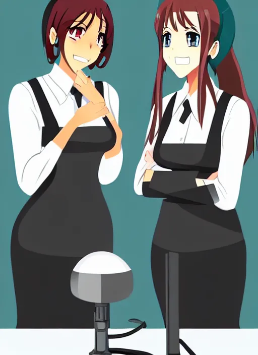 Image similar to two beautiful office ladies talking at work, gorgeous faces, thick lines, cinematic lighting, detailed anime art