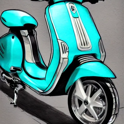 Image similar to a turquoise vespa moped, realistic, concept art, intricate details, detailed, photorealistic, pencil and watercolor, art by artgerm and greg rutkowski