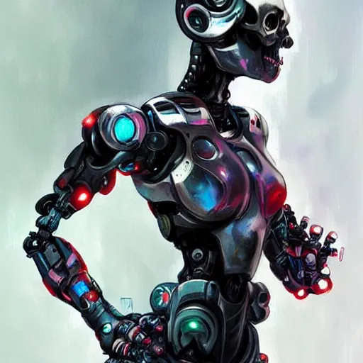 Prompt: skull - headed robot cyborg painting, illutstration, concept art, cyberpunk, futurism, comics art, artgerm, full body shot, anime