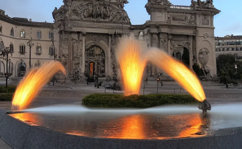 Image similar to a beautiful photo of a roundabout with an italian sculptural fountain shooting fire instead of water, sunset lighting, intricate detail, photorealistic