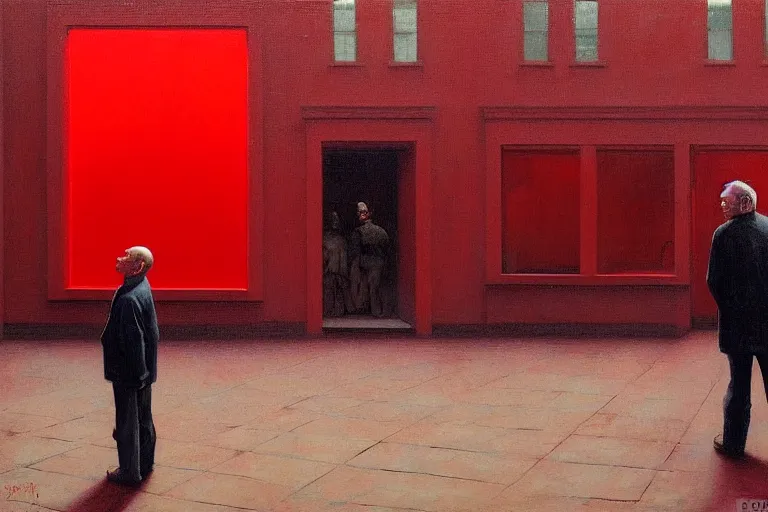 Image similar to only with red, a red old man try to sell a portrait, a crowd cheering, in a city square, in the style of beksinski, parts by edward hopper, parts by rodcenko, parts by yue minjun, intricate and epic composition, red by caravaggio, insanely quality, highly detailed, masterpiece, red light, artstation, 4 k