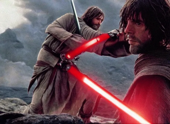 Image similar to Brutal combat Aragorn vs Luke Skywalker. Film still. Aragorn on the left side and Luke Skywalker with red light saber on the right side in the middle earth near broken X-wing ship, high detail