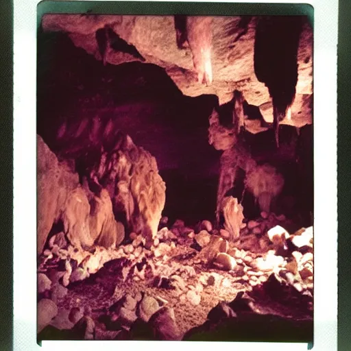 Prompt: instax polaroid film photo of a cave full of barbie VHS tapes, faded glow, expired film analog photography