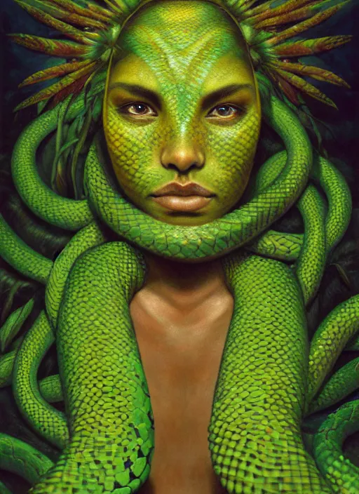 Prompt: the ayahuasca vine plant spirit mixed with the face of a beautiful indigenous woman with a third eye in the jungle, green snake skin and yellow snake eyes, beautiful colors, matte painting, by christophe vacher