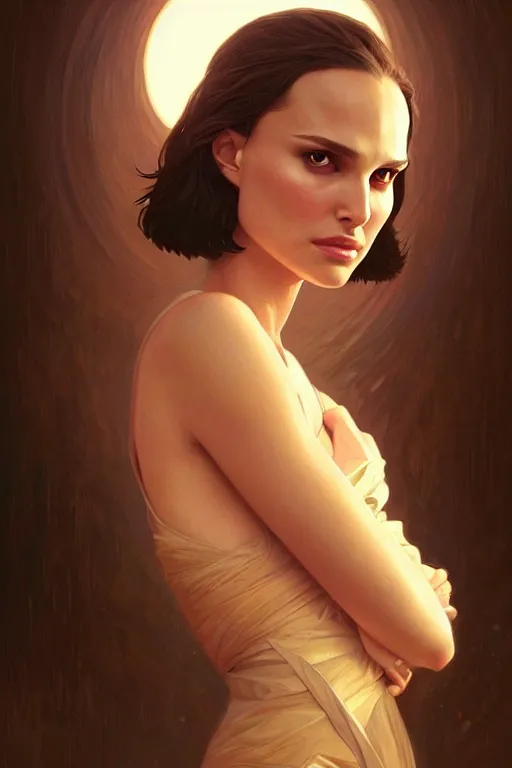 Image similar to Natalie Portman, fantasy, portrait, sharp focus, intricate, elegant, digital painting, artstation, matte, highly detailed, concept art, illustration, ambient lighting, art by ilya kuvshinov, artgerm, Alphonse mucha, and Greg Rutkowski