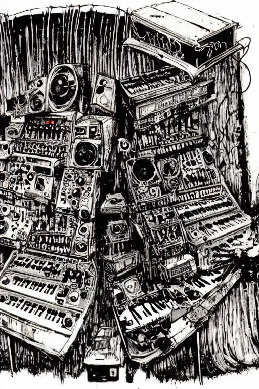 Image similar to synthesizer from hell by ralph steadman