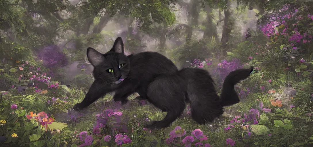 Image similar to ultra - realistic ultra - detailed adorable cute fluffy bioluminescent black cat in the style of ghibli kazuo oga, colorful fur, big ears, big purple eyes, forest landscape, dof, soft lighting, unreal engine, octane render