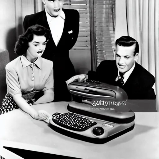 Prompt: a 1950s tv show with a family and alien using a computer from the future