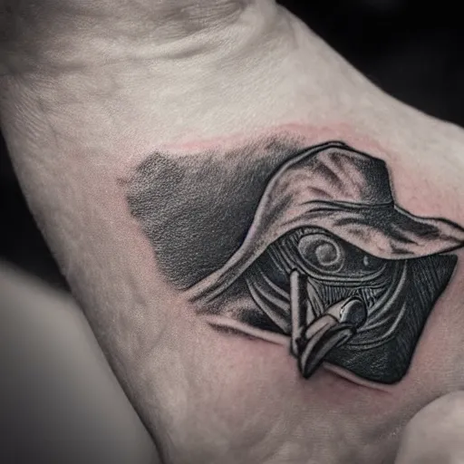 Image similar to photograph of a tatoo showing an etching of a plague doctor side shot looking at a very old pocket watch in the palm of his hand