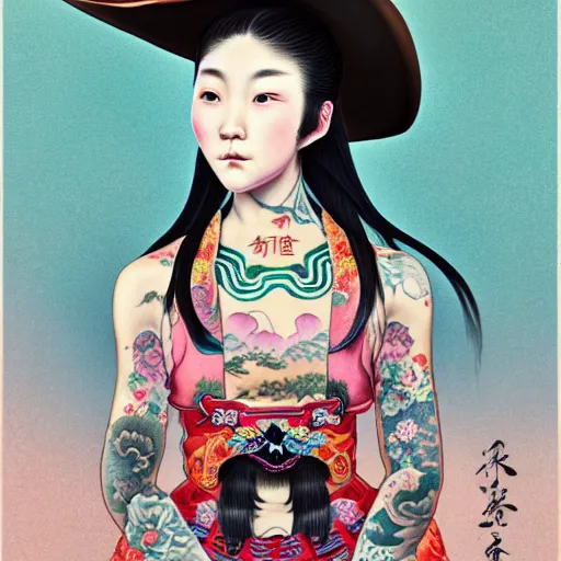 Image similar to full view of a girl from the qing dynasty with tattoos, wearing an american cowboy hat from the old west, in the year 2 0 4 0, style of yoshii chie and hikari shimoda and martine johanna, highly detailed