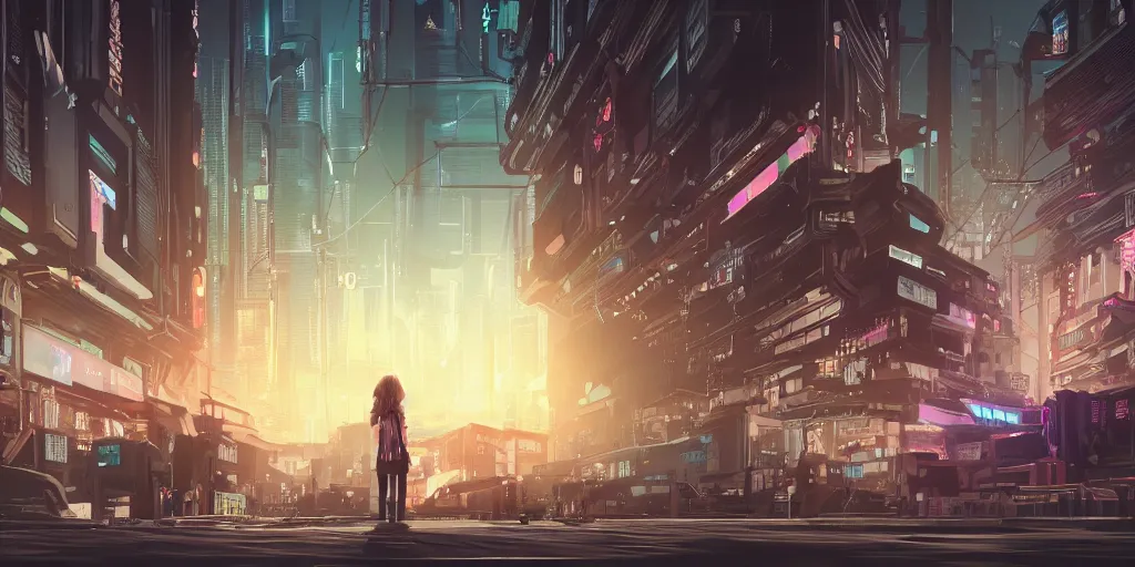 Prompt: girl creates something great, illustration, reality, cyberpunk, wide shot, light colors, highly detailed, sharp focus