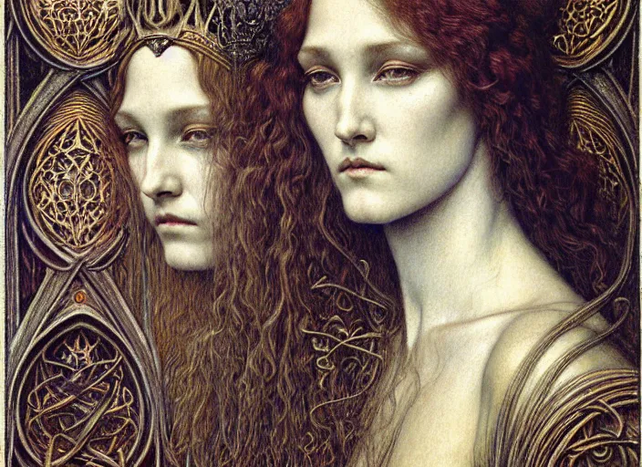 Image similar to detailed realistic beautiful young medieval queen face portrait by jean delville, gustave dore and marco mazzoni, art nouveau, symbolist, visionary, gothic, pre - raphaelite. horizontal symmetry