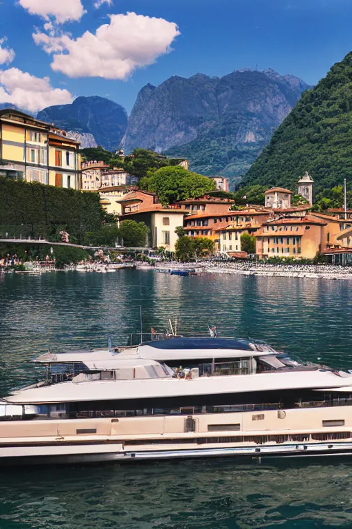 Image similar to Photo of a Riva Aquarama docked in Lake Como, with Lake Como in the background, wide shot, daylight, blue sky, summer, dramatic lighting, award winning, highly detailed, 1980s, luxury lifestyle, fine art print, best selling.