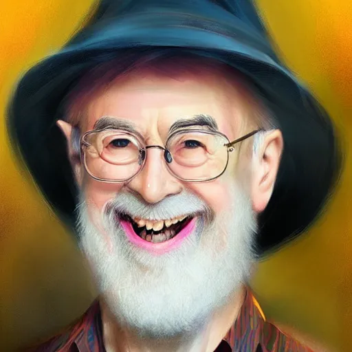 Image similar to terry pratchett laughing, portrait by wlop and ross tran, colorful