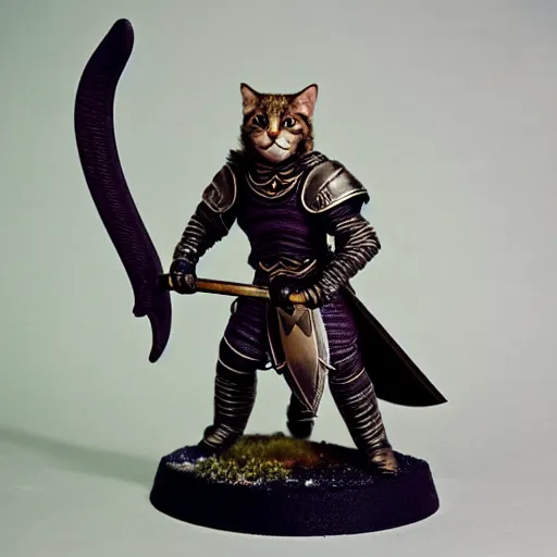 Image similar to quarter length vogue 7 0 mm fashion photo portrait of a dark tabby tabaxi paladin, halberd, plate armor, d & d