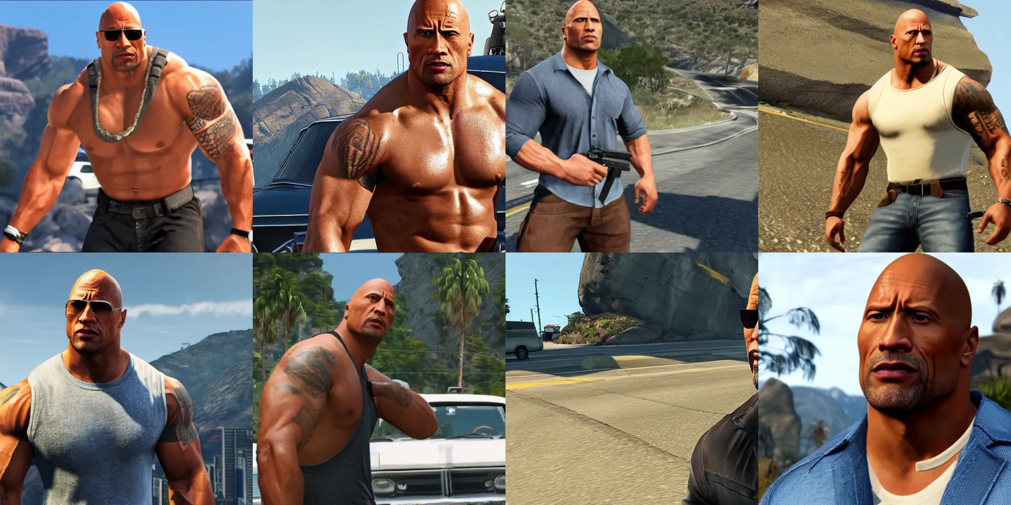 Prompt: A screenshot of Dwayne Johnson in Grand Theft Auto