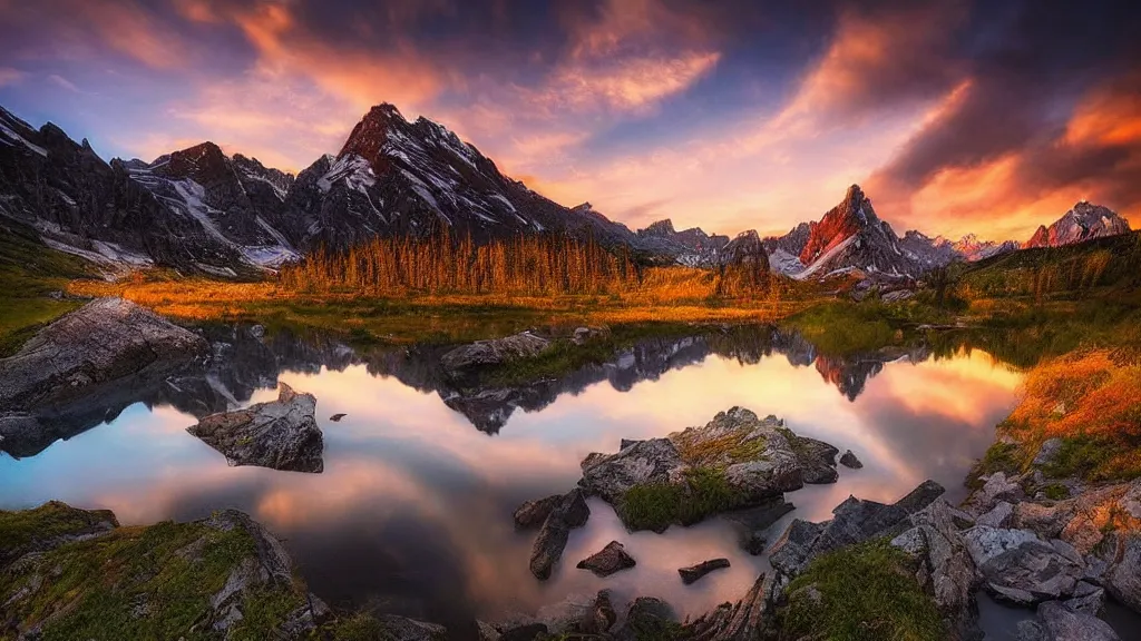 Image similar to amazing landscape photo of mountains with lake in sunset by marc adamus, beautiful dramatic lighting