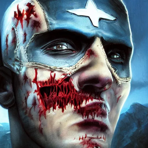 Prompt: masterpiece closeup portrait of captain america zombie d in a surreal dream landscape, cinematic lighting, Michael Whelan