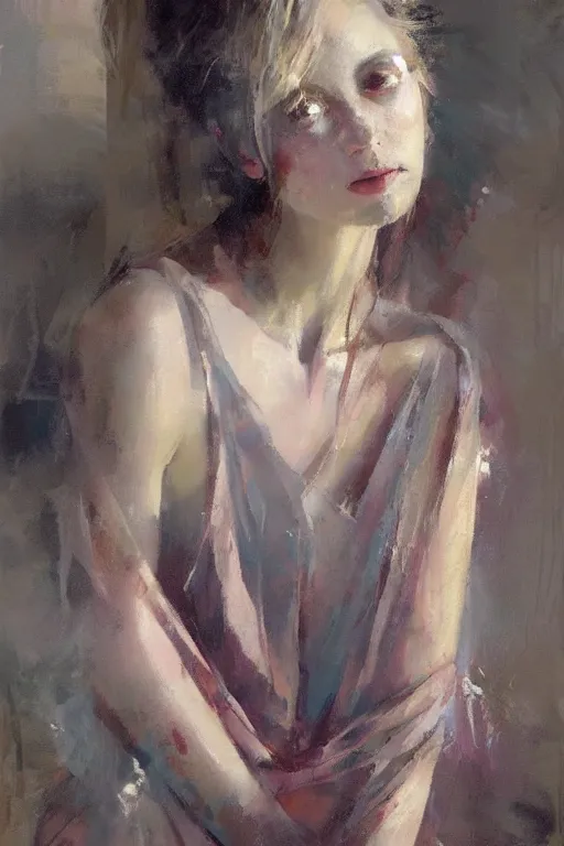 Image similar to painting of a beautiful woman with arms crossed clothed in loose dress by Jeremy Mann, stylized, detailed, soft colors, loose brush strokes