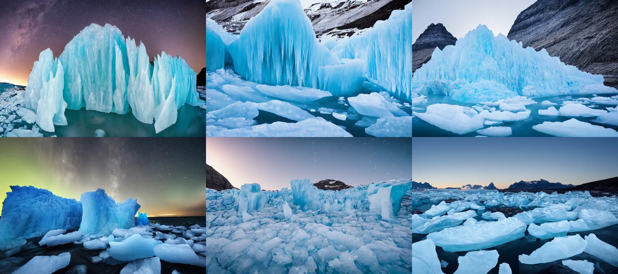 Prompt: Ice cliffs at night, glacier photography, bright sea, night sky, starless, blue glow, icebergs, today's featured nature photography