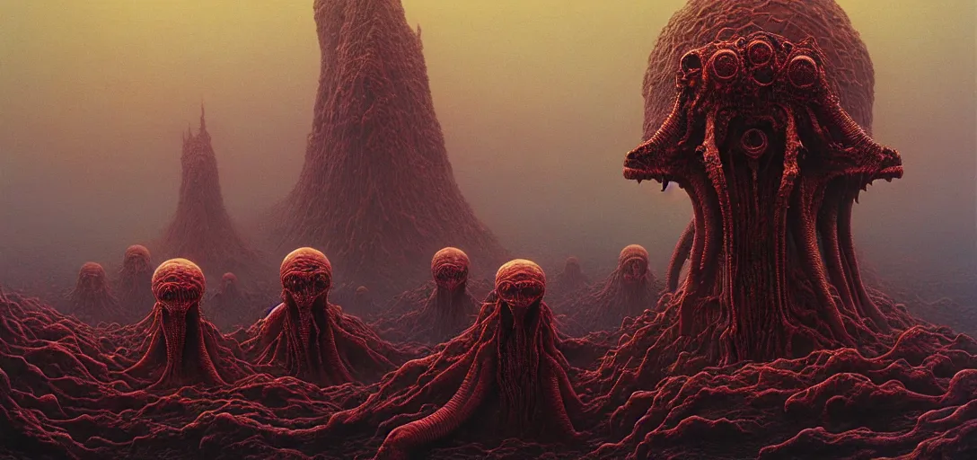 Image similar to hellish alien creatures on an alien world, artstyle zdzisaw beksinski, very intricate details, high resolution, 4 k