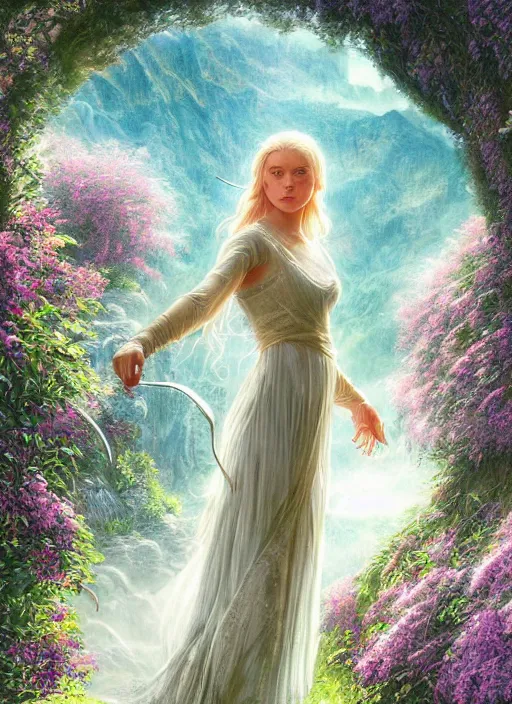 Image similar to portrait of a beautiful women with wings of lace in a lord of the rings scenery landscape, symmetrical body, face by artgerm, river, tall flowers, sunny day, highly detailed, perfect lighting, perfect composition, 4 k, by alan lee, by derek zabrocki, by greg rutkowski