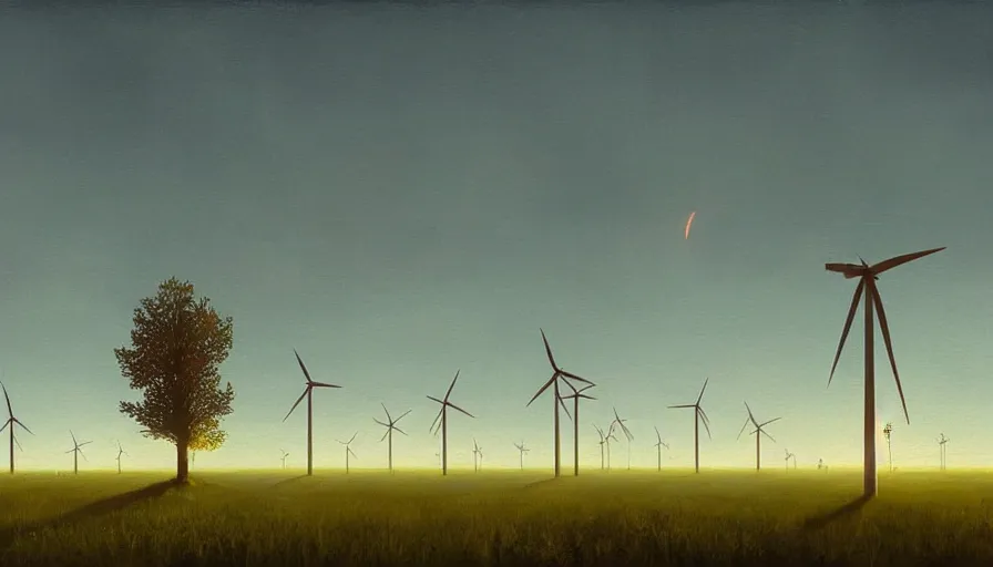 Image similar to big field of wind mills, early morning sun in the sky, one tree, simon stalenhag