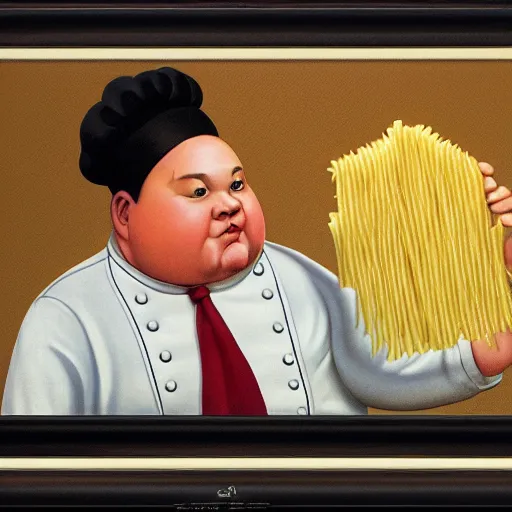 Prompt: a very fat chef offers you pasta by Raphael, Hopper, and Rene Magritte. detailed, romantic, enchanting, trending on artstation.