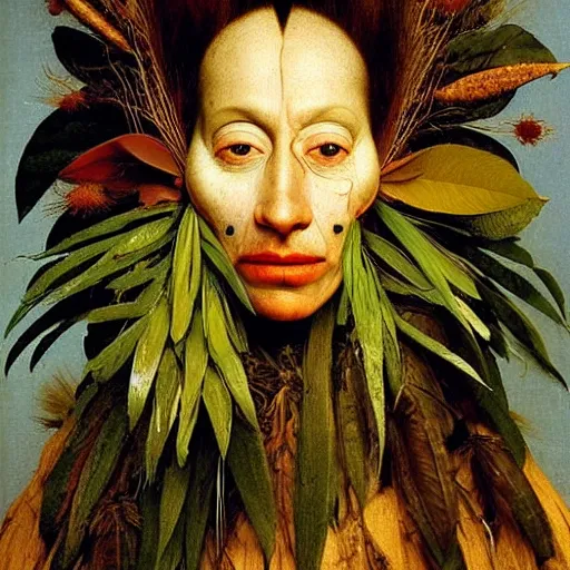 Image similar to portrait photo of a woman with Iroquois made from plant parts, Perfect face, extremely high details, realistic, by Giuseppe Arcimboldo, Edward Hopper, Rene Margitte