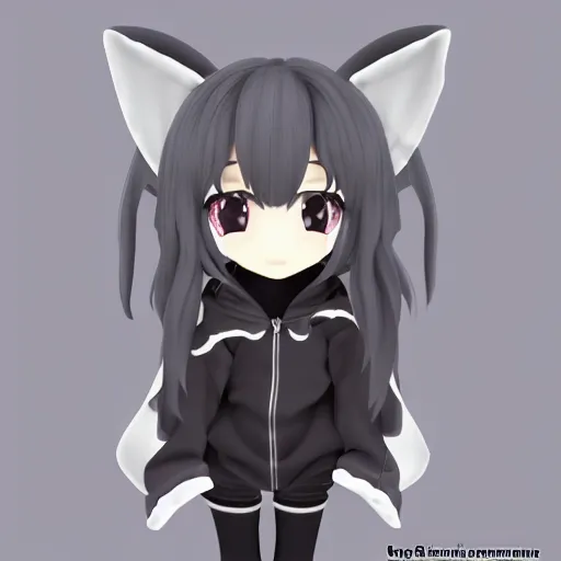 Prompt: cute fumo plush of a wolfgirl in a hoodie, anime girl, anime ears, chibi, black and white, vray
