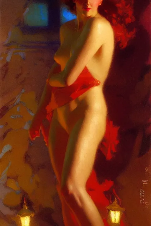 Image similar to winter, attractive female, neon light, painting by gaston bussiere, craig mullins, j. c. leyendecker