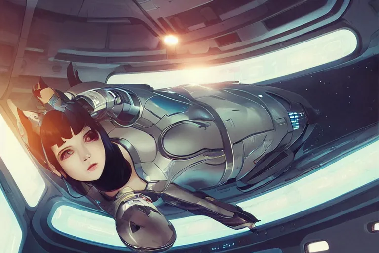 Image similar to neko woman with cat ears in a futuristic spaceship, detailed digital art, futuristic, vector art, by greg rutkowski, by ilya kuvshinov, by artgerm, by yoshitaka amano, dynamic lighting