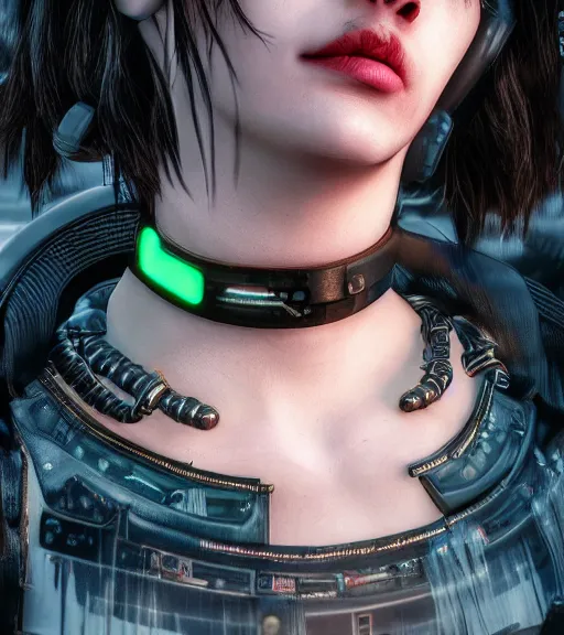 Image similar to detailed realistic female character cyberpunk wearing thick large collar around neck, realistic, art, beautiful, 4K, collar, choker, collar around neck, punk, artstation, detailed, female, woman, choker, cyberpunk, neon, punk, collar, choker, collar around neck, thick collar, tight around neck, punk,