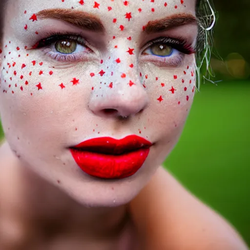 Image similar to close up portrait photo of the left side of the face of a brunette woman with stars inside her eyes, red lipstick and freckles. she looks directly at the camera. Slightly open mouth, face covers half of the frame, with a park visible in the background. 135mm nikon. Intricate. Very detailed 8k. Sharp. Cinematic post-processing. Award winning photography