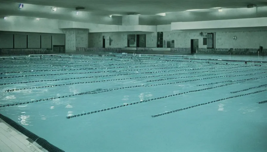 Prompt: 60s movie still of a sovietic stalinist style empty municipal swimming pool with tiles, cinestill 800t 50mm eastmancolor, liminal Space style, heavy grain-s 150