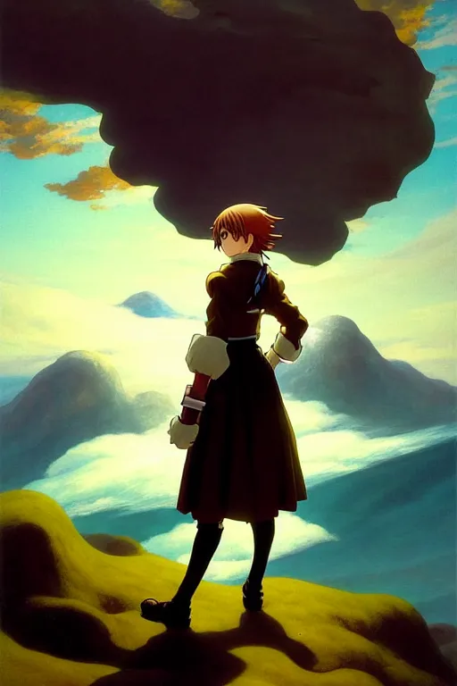 Image similar to anime key visual of wanderer above the sea of fog 1 8 1 8 but figure is anime maid in armor set in grimdark fantasy with shoulder - length brown hair, sunrays between clouds, in the style of jamie wyeth james gilleard edward hopper greg rutkowski acrylic painting, oil on canvas, preserved museum piece, historical