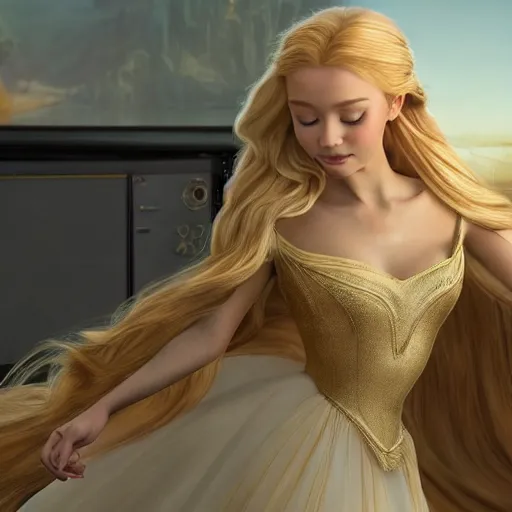 Image similar to disney princess with long blonde hair wearing elegant silk dress playing xbox in front of large television : : weta disney pixar movie still photo : : hi - fructose, decadent highly - detailed digital painting, golden ratio, octane render, artstation, cinematic composition, smooth, sharp focus, artgerm, mucha, loish, wlop