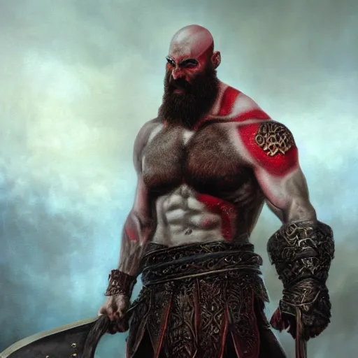 Image similar to Kratos, elden ring boss, matte painting, detailed, elden ring, oil on canvas