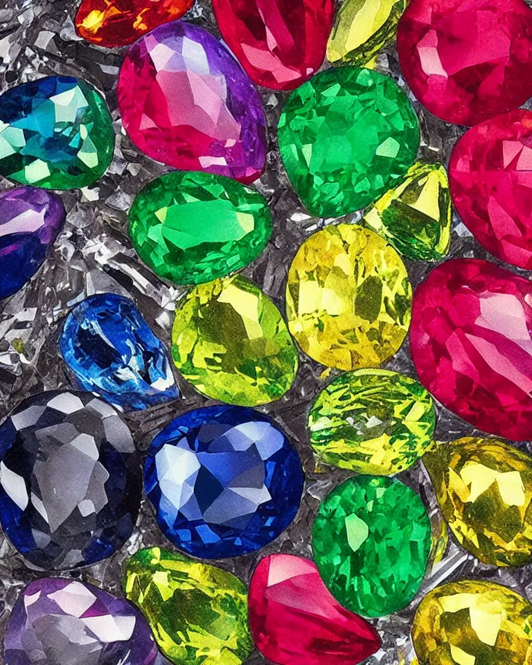 Image similar to “extreme close up print of multi-colored gemstones by Raphael, Hopper, and Rene Magritte.”