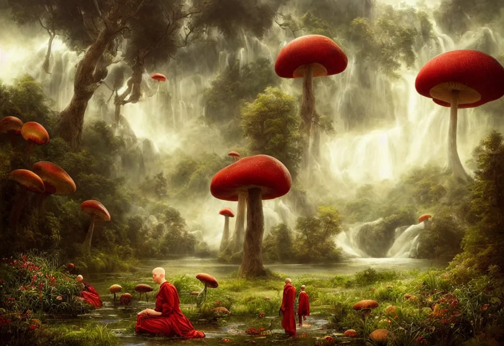 Prompt: morning light; floating lands in-clouds, blooming grass, bird flocks!!, giant mushrooms, waterfalls, small monks in dark-red robes; by Tom Bagshaw, Ivan Shishkin, Hans Thoma, Asher Brown Durand