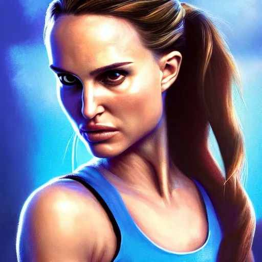 Image similar to Portrait of Natalie Portman as Lara Croft wearing a blue skater dress, Tomb Raider, Alicia Vikander, beautiful, 4k oil on linen by wlop, artgerm, andrei riabovitchev, nuri iyem, james gurney, james jean, greg rutkowski, highly detailed, soft lighting 8k resolution