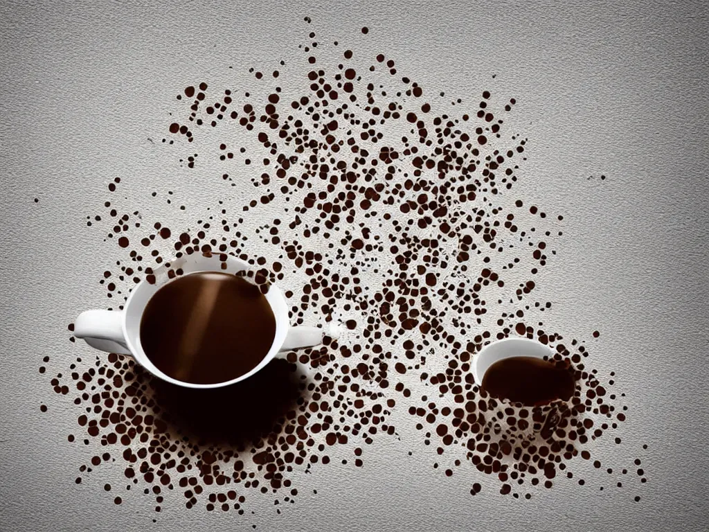 Image similar to 3D art, a coffee cup shattering against a wall