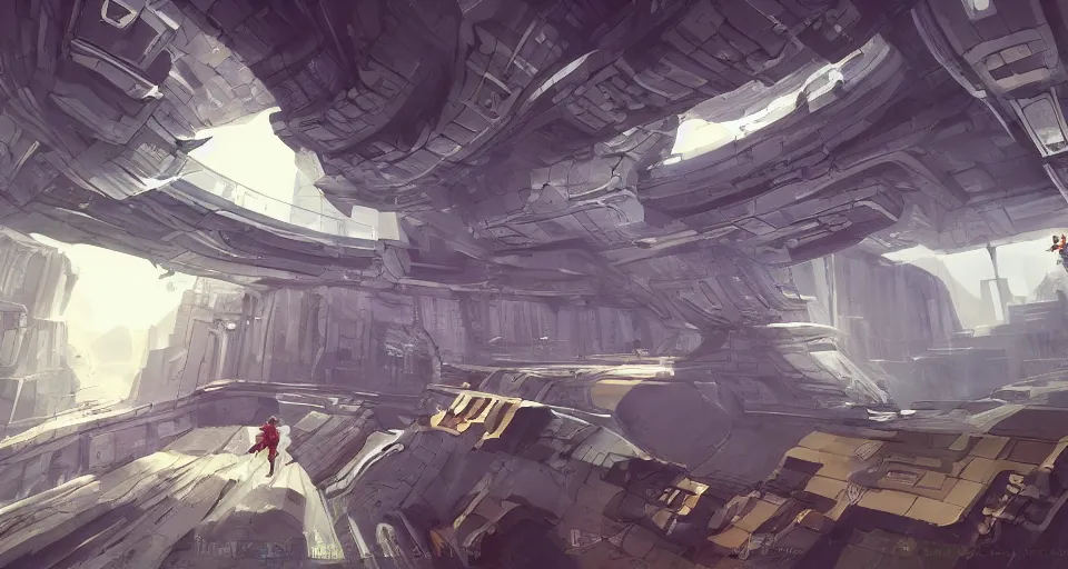 Image similar to A beautiful artwork illustration, level design, third person, a parkour course in a space ship, featured on artstation, wide angle, horizontal orientation