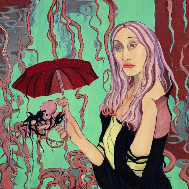 Image similar to tall female emo artist holding an octopus in a flooded starbucks, bagels, pigs, water gushing from ceiling, painting of flood waters inside a cafe, a river flooding indoors, pomegranates, pigs, ikebana, water, octopus, river, rapids, waterfall, black swans, zen, canoe, berries, acrylic on canvas, surrealist, by magritte and monet