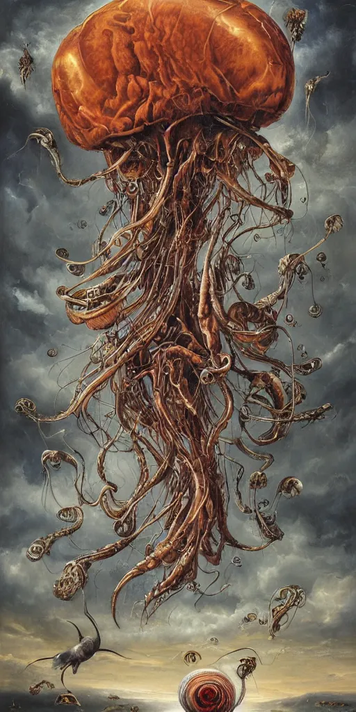 Image similar to an anatomical oil painting of a Harpy jellyfish from a medical journal by Nychos, Julie Bell, Peter Mohrbacher highly detailed, high detail, 8k, storm clouds, birds, dramatic lighting