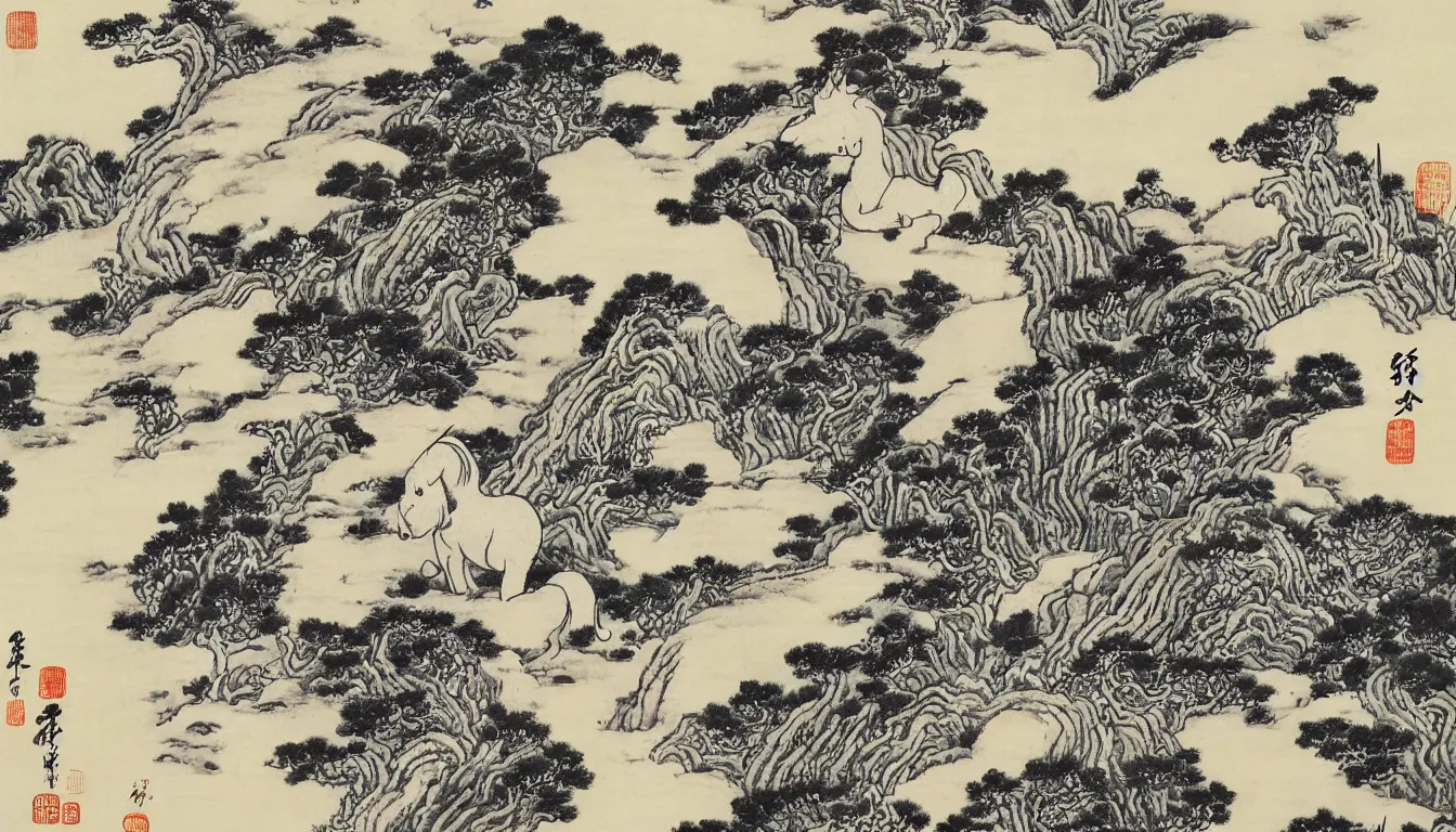 Image similar to traditional chinese ink drawing of a unicorn in a meadow, by hokusai, ultra detailed
