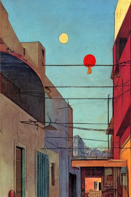 Image similar to eerie tel aviv street mystery at dusk, laundry hanging to dry, solar water heaters and antennas on the roofs, colorful film noir scene. by moebius, giorgio de chirico, edward hopper