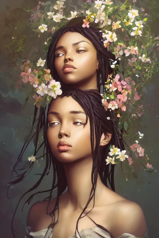 Image similar to ultra realistic illustration, black girl with flowers blossoming from helmet, elegant, highly detailed, digital painting, concept art, smooth, sharp focus, illustration, art by artgerm and greg rutkowski and alphonse mucha